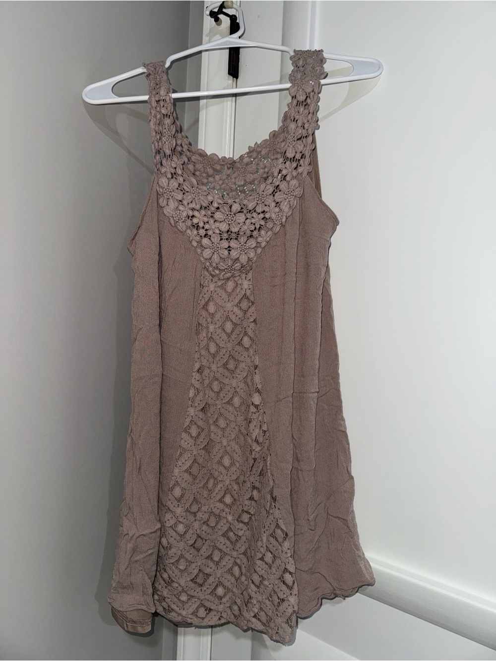 entro Crochet-Front Mini Dress in Taupe
